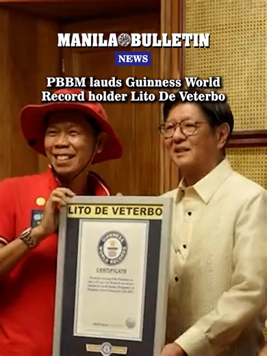 President Marcos has commended Guinness World Record holder Claro “Lito” De Veterbo, the fastest person to cross the Philippines on foot. Marcos welcomed De Veterbo at Malacañan Palace on May 20. (via Betheena Unite | MB) #MBNews #ManilaBulletin #News #NewsPH #Philippines