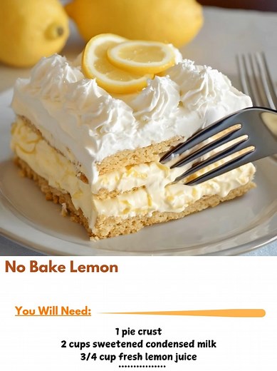 7.8K views · 11 reactions | No  Bake Lemon  Pie Recipe Ingredients: 1 pie crust 2 cups sweetened condensed milk 3/4 cup fresh lemon juice Instructions: Pour the sweetened condensed milk into a mixing bowl. Add the lemon juice and stir until well combined. Pour the mixture into the pie crust. Refrigerate for a couple of hours until set. Top with whipped cream before serving. ..... Full Recipe in Coʍmеոτ   | Mommy Best Recipes | Facebook