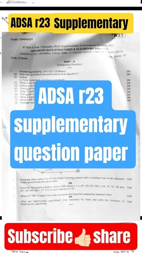 #ADSA r23 supplementary question paper 📜🗞️#jntua#exam #trending #viral#subscribe#study#like#share
