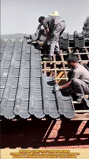 Roof tile installation: Construction worker align, secure, and finish durable roofing