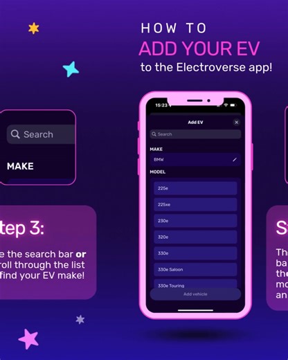 Have you added your EV info to the Electroverse app? 🚗📲 There are plenty of Electroverse features to take advantage of, and one of those is adding your EV’s make and model to your app! With your EV information in the app, you can use the Electroverse route planner 😍 which will automatically tailor to your EV & only choose chargers compatible with your vehicle! 🤯🗺️ Follow the steps below to learn how to add your EV to the app! 👇 | Octopus Electroverse