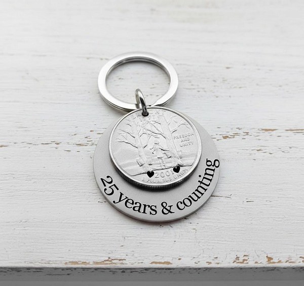 25 Year Anniversary Gift, Quarter Key Chain, 25 Years and Counting, Silver Anniversary, Wedding, Gift for Men, Personalized Back Message - Etsy