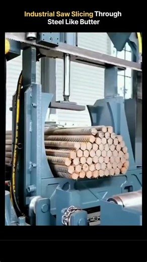 S C I E N C E on Instagram: "This is the raw cutting power behind modern metal fabrication. An industrial bandsaw slices straight through a tightly packed bundle of steel rebar, turning a job that would take hours with basic tools into a clean, precise cut in seconds. The rebar is locked down with heavy clamps to eliminate vibration, and the bandsaw lowers with steady force, cutting dozens of bars at once. The constant coolant flow keeps the blade sharp, the steel cool, and the cut perfectly smo