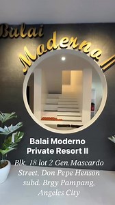 Balai Moderno Private Resort 2 One of the biggest Private Villas in Angeles City is Balai Moderno Private Resort 2.You will experience modern comfort and affordability!Let's make good memories this summer!Pet-Friendly and good for big families.Watch our LIVE:https://www.facebook.com/WhereInPampanga/videos/991894202420198BOOK NOW!Location: 𝐵𝑙𝑘. 18 𝑙𝑜𝑡 2 𝐺𝑒𝑛.𝑀𝑎𝑠𝑐𝑎𝑟𝑑𝑜 𝑆𝑡𝑟𝑒𝑒𝑡, 𝐷𝑜𝑛 𝑃𝑒𝑝𝑒 𝐻𝑒𝑛𝑠𝑜𝑛 𝑠𝑢𝑏𝑑. 𝐵𝑟𝑔𝑦 𝑃𝑎𝑚𝑝𝑎𝑛𝑔, 𝐴𝑛𝑔𝑒𝑙𝑒𝑠 𝐶𝑖𝑡𝑦 Facebook Page