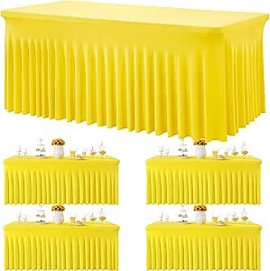 4 Pack Yellow Spandex Tablecloths for 6 Foot Rectangle Tables, Wrinkle Free Lemon Fitted Tablecover 6ft Stretchy Table Clothes Desk Skirt for Weddings Birthday Party Banquet Baby Shower