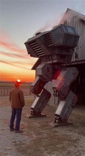 Sunset Mech Cooling Down Beside Barn Tags #sunsetfarm #homemademech #ruralmech #phonevideo #metal #s