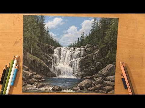 Waterfall Drawing - Landscape in Color Pencil
