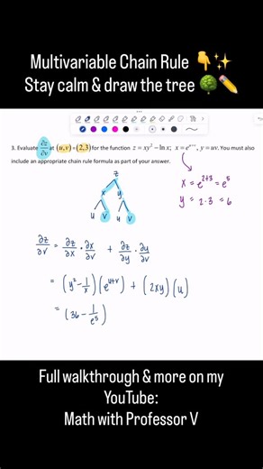 Professor V 👩‍🏫 on Instagram: "The chain rule in 3 variables — once you see the tree diagram, it finally makes sense 🌳💫 Full Exam 2 walkthrough for Calculus 3 and lots more video lectures + other calculus tutorials are on my YouTube channel — link in bio! 🎥✨ xoxo, Professor V 💛 #MathWithProfessorV #Calculus3 #MultivariableCalculus #ChainRule #PartialDerivatives #ExamWalkthrough #Calculus #MathProfessor #MathReel #STEM #CollegeCalculus #StudyWithMe #MathHelp #LearnMath #MathTikTok #MathComm