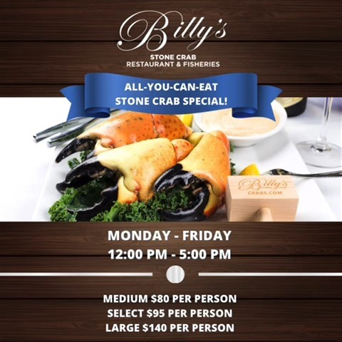 Don't miss out on our new all-you-can-eat stone crab lunch special! Available Monday to Friday from 12pm to 5pm. Make your reservation for a special lunch today via www.crabs.com or click the link in bio 🦀 . . . #SeafoodRestaurant #FloridaRestaurants #SFLRestaurants #Billys #BillysRestaurant #BillysStoneCrabs #Seafoodie #Foodie #Miami #Broward #Hollywood #FreshSeafood #FortLauderdale #WaterfrontDining #StoneCrabs #Crab #FreshClaws #StoneCrabSeason #SeafoodLover #FloridaStoneCrab | Billy's Stone
