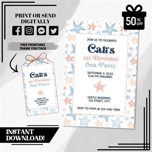 Editable Starfish Birthday Invitation | Under the Sea Party Invite | Ocean Printable Template | Instant Download - Etsy