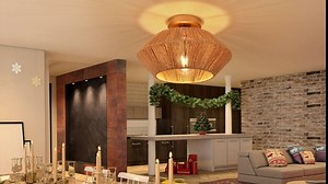Black Rattan Flush Mount Ceiling Light Boho Wicker Light Fixtures Ceiling Hand Woven Cage Shade Light Fixture Black Mini Rattan Chandelier with Brush Paint Finish for Bedroom Entryway Nursery Hallway