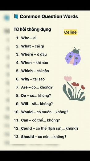 Common question words in English #CelineYThoa #talklikeamerican #baitaptienganh #hoctienganh #englishforkids #CelineEnglishTips #Hoctienganhvoiceline #CelineThoay #english | Học Tiếng Anh với Celine Thoa Y