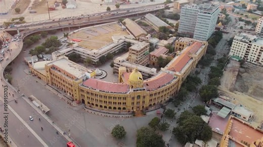 Aerial View of Karachi Port Trust Head Office, Historic Colonial Stone Architecture at Karachi Port, Cultural Heritage Building and Maritime Landmark Drone Shot