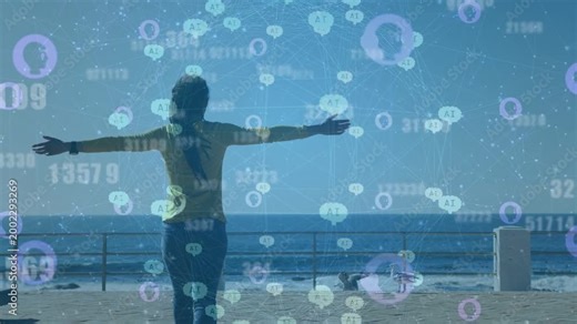 Woman walking seaside stepping forward raising arms seeking view, AI nodes hovering, gulls rising