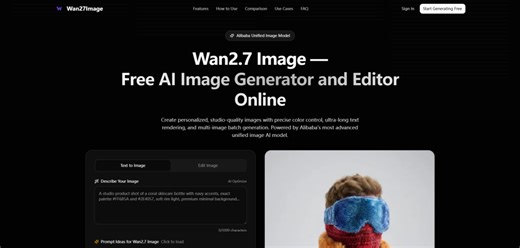 wan2.7-image: 無料のAI画像生成・編集ツール。Wan2.7 Imageを使えば、テキストからの画像作成、写真の補正、高品質なビジュアル生成が瞬時に行えます。