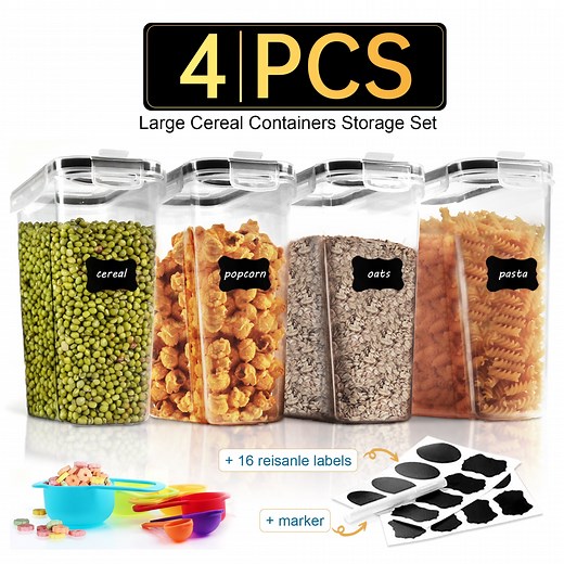 Kosbon Large Cereal Containers Storage Set, 4 Packs Dispenser Approx. 4L Fits Full Standard Size Cereal Box, Airtight Cereal Container Set, Large Plastic Storage Container