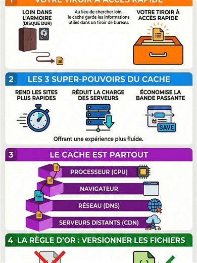 Cache : Le secret des applications rapides. Tu t'es déjà demandé comment ton navigateur charge tes sites préférés en un clin d'œil ? ⚡️ Tout repose sur le cache, une zone de stockage ultra-rapide qui garde en « mémoire courte » ce que tu demandes souvent. Dans cette vidéo, on décrypte : • 📂 L'analogie du tiroir de bureau vs l'armoire. • 🏎️ Les 4 gros bénéfices : gain de temps, moins de charge serveur et économie de bande passante. • 🛠️ Les coulisses techniques : du Cache-Control aux ETags pou