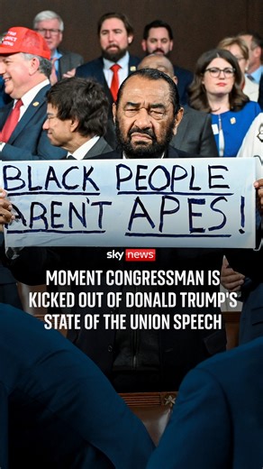 Watch the moment Texas congressman, Al Green, is kicked out of Donald Trump's State of the Union speech. Al Green held a sign referencing a video recently shared by Trump that depicted Barack and Michelle Obama as apes. https://trib.al/XCyApcf | Sky News