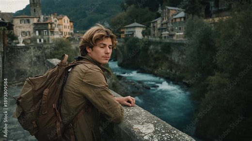 Arriving, traveler pausing on stone bridge, looking toward camera with backpack and jacket, resting