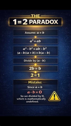 🧠 The famous math paradox that “proves” 1 = 2… but hides a tiny mistake.