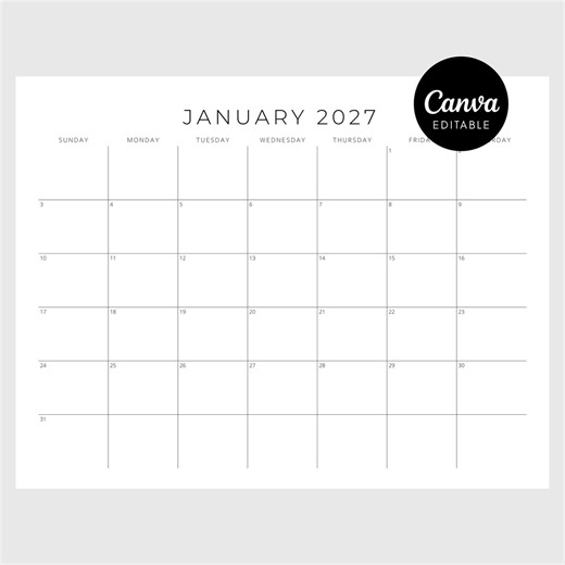 2027 Editable 12 Month Simple Plain White Calendar | Printable Wall Calendar for Kids & Adults | Blank Calendar Template | Canva Editable - Etsy