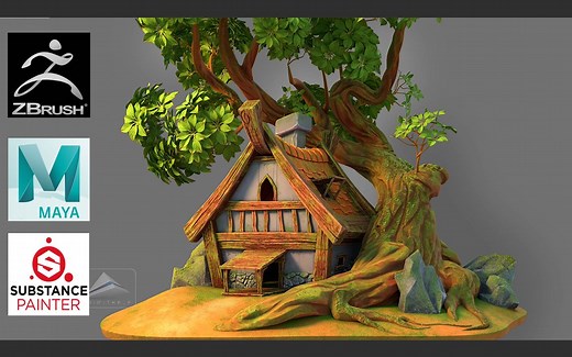 (全流程9集)Maya ZBrush Substance Painter 2020制作树屋