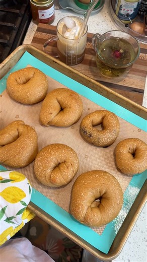 Homemade Bagels with Iced Coffee and Green Tea