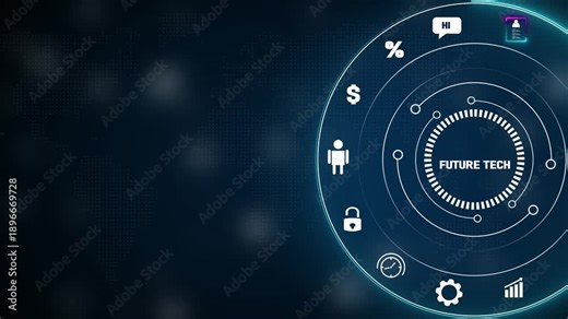 Advanced technology interface with FUTURETECH" text at its core surrounded by digital and a global map backdrop Keywords: future, tech, technology, digital, interface, futuristic, data