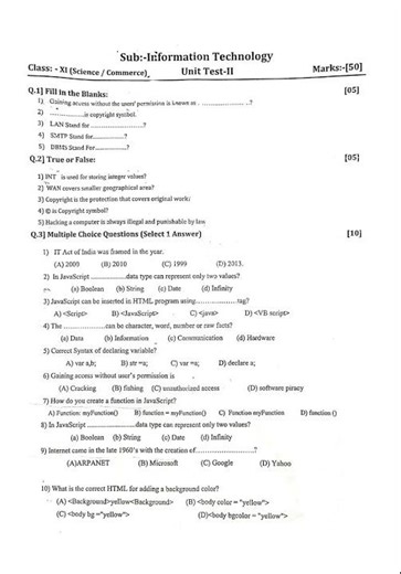 11th Information Technology | Unit Test 2 | Full Paper | Most Important Questions | Bord Exam | IMP