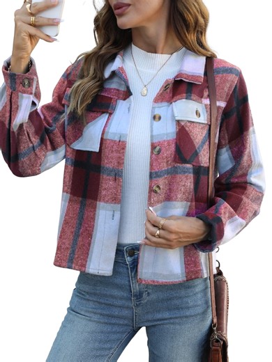 Anygrew Womens Shacket Plaid Shirts Flannel Shacket Jacket Long Sleeve Button Down Shirt Trendy Fall Outfits for Women Coats