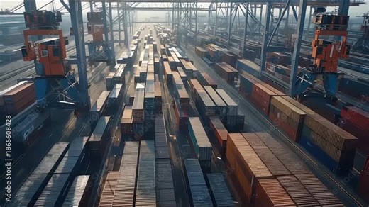Automated Container Terminal Drone Footage Showing Modern Logistics Infrastructure and Global Cargo Operations