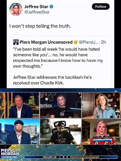 1.1M views · 64K reactions | "I won’t stop telling the truth." “All week I’ve been told, ‘Charlie Kirk would have hated someone like you.’ No—he would have respected me, because I know how to think for myself.”  Jeffree Star fires back at the backlash he’s been getting over Charlie Kirk—turning the tables on the critics who tried to discredit him.  Love him or hate him, Jeffree isn’t backing down. | The Daily Netizen | Facebook