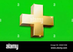 A golden three-dimensional plus sign rotates slowly against a vibrant green screen background, ideal for adding or increasing concepts in various projects Stock Video Footage - Alamy