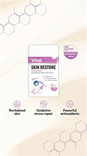 Meet our latest innovation in skin renewal. 💆‍♀️ Vital Skin Restore has been formulated for ANTI-AGEING protection and the restoration of healthy skin cell function. It promotes cellular repair and helps combat oxidative stress caused by free radicals, leaving the skin revitalized. High potency antioxidant ingredients work synergistically to protect against oxidative stress and the progression of signs of ageing, like loss of firmness, wrinkles and dullness or dryness of the skin. These signs o