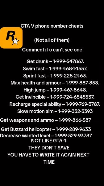 GTA 5/V Phone number cheats. Already done one for GTA 4. Instructions: Open your phone Go to dial page Dial the numbers Press call (This will block you from getting SOME of the achievements!) #gta5 #gtacheats