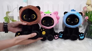 Axolotl Plush Toy, 8inch Kawaii Black Cat Wear Strawberry Plush Removable Hood, Cute Plushies Soft Stuffed Animal Doll, Valentine's Day Birthday Gift for Kids Boys Girls Adults