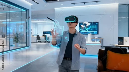 A designer wearing VR goggles explores a 3D model of a commercial space interacting with virtual elements to finalize design details efficiently.