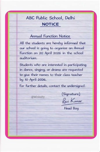 Annual function notice writing/Notice writing on annual day function in english/Notice writing