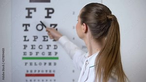 Professional female optician pointing at eye chart, timely diagnosis of vision