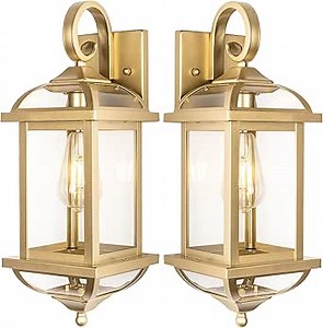 2-Pack 18” Gold Light Fixtures Outdoor Wall Lights Exterior Lanterns, Brass Porch Lights Outside Anti-Rust Aluminum Patio Lights for House Clear Glass Wall Mount Lighting, IP65 Waterproof