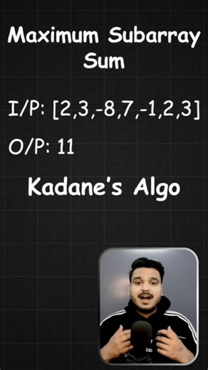 Harsh Jain on Instagram: "Explaining Kadane’s Algorithm 📈 A simple idea that turns a brute-force problem into a linear-time solution. #coding #programming #dsa #placement #computerscience"