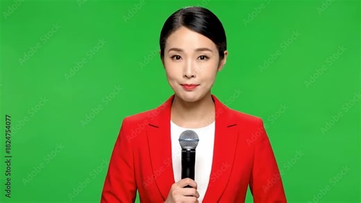 A professional Asian female news anchor with a microphone in front of a green screen, ready to deliver news