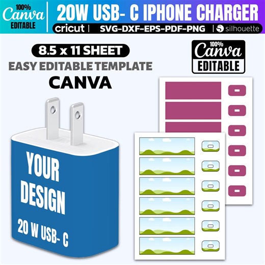20W USB-C Charger Wrap Template: Customizable Sticker Design (canva, Cricut, Silhouette) - Etsy