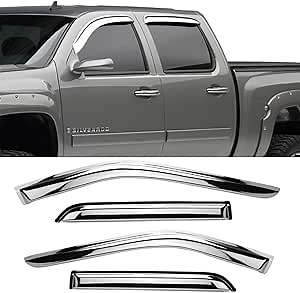 94040Y Chrome Side Window Visor Wind Vent Deflector fit for 2007-2013 Chevy Silverado/GMC Sierra 1500& 07-14 Silverado 2500 HD/3500 HD Extended Cab,4pcs Outside Mount Style Sun Rain Guards Set