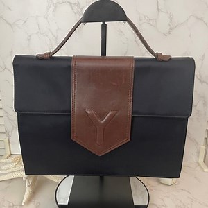 Yves Saint Laurent  Vintage Top Handle Black Nylon Bag Brown Leather Trim EUC