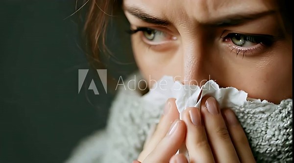 Close up of sick young woman blowing nose into tissue while suffering from cold or flu symptoms