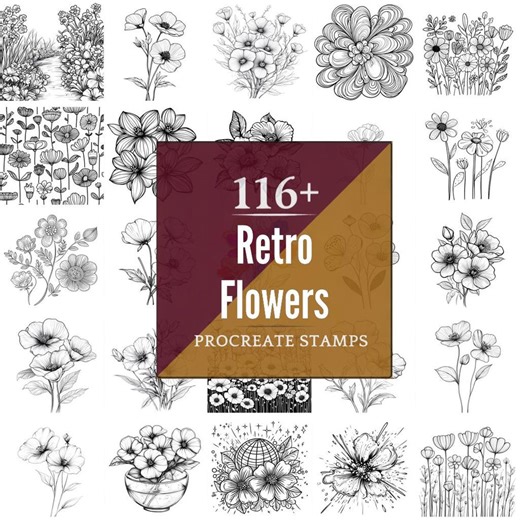 Retro Flowers Procreate Brushes & PNG Bundle | 116  Designs (digital Download) - Etsy