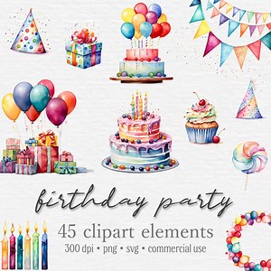 Watercolor Happy Birthday Clipart Set, Birthday Party PNG SVG, Balloons, Birthday Invitations, Card, Decor, Digital Download, Commercial Use - Etsy