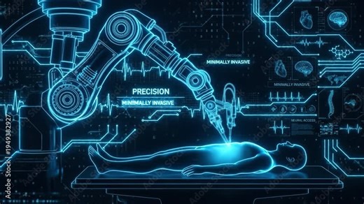 Minimally invasive robotic surgery with precision medical technology performing advanced digital healthcare procedures on patient using innovative robotic systems and health data interface