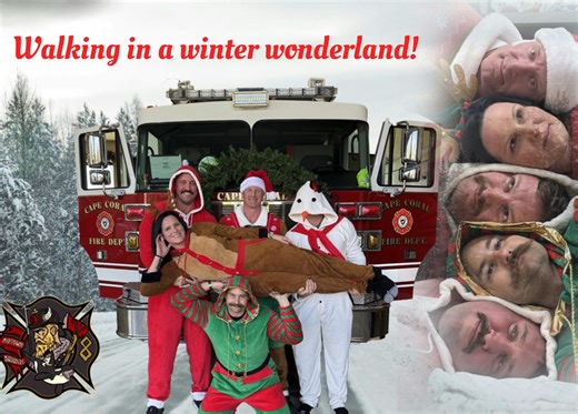It’s day six of the Cape Coral Fire Department’s 12 Days of Cringy Christmas cards! On the sixth day of Christmas, my true love gave to me, Station 1 B-shift! Aglow Station 1 B-shift firefighters: Engineer Lucas Heikkila, Firefighter Johnnie Rolon, Lieutenant Keri Dye, Firefighter Eric Noble, Firefighter Ryan Jordan | Cape Coral Fire Department